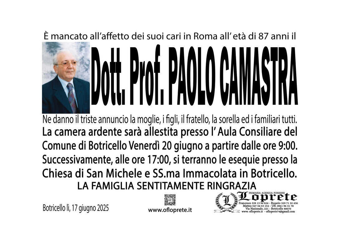 Dott. Prof. PAOLO CAMASTRA DI ANNI 87