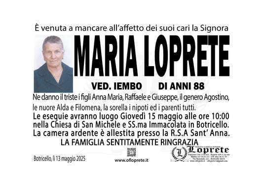MARIA LOPRETE VED. IEMBO DI ANNI 88