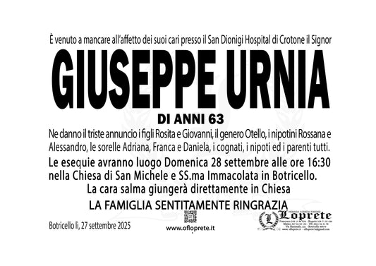 GIUSEPPE URNIA DI ANNI 63