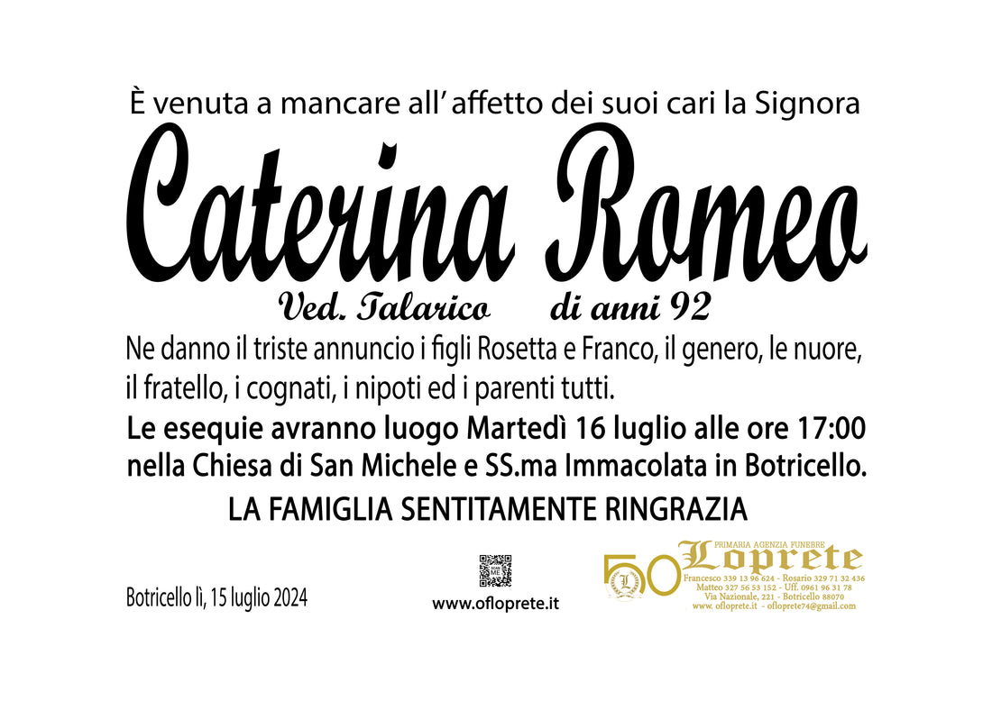 CATERINA ROMEO VED. TALARICO DI ANNI 92