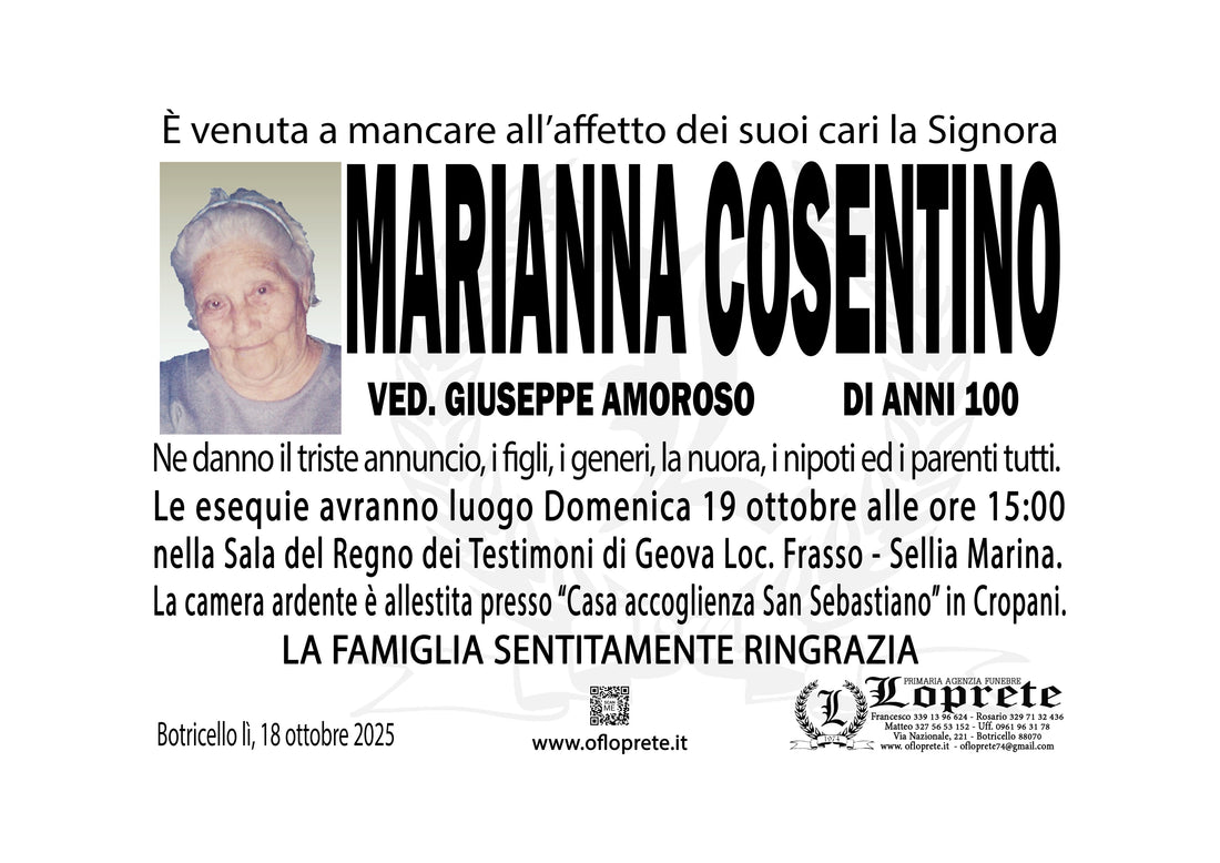 MARIANNA COSENTINO VED. GIUSEPPE AMOROSO DI ANNI 100