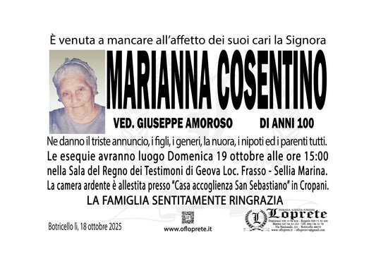 MARIANNA COSENTINO VED. GIUSEPPE AMOROSO DI ANNI 100