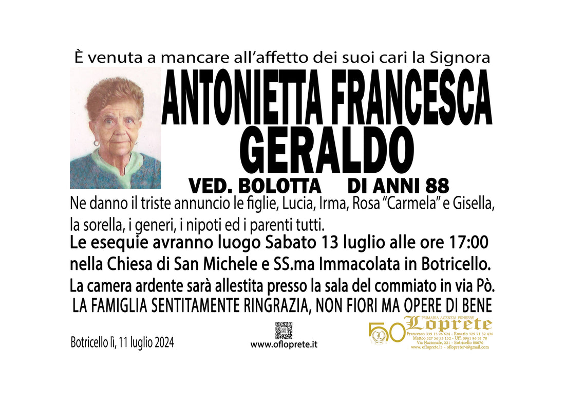 ANTONIETTA FRANCESCA GERALDO VED. BOLOTTA DI ANNI 88