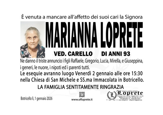 MARIANNA LOPRETE VED. CARELLO DI ANNI 93