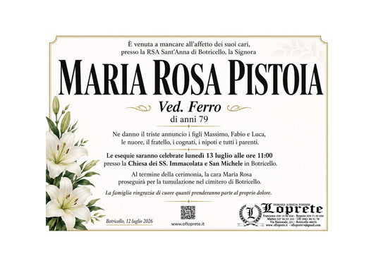 MARIA ROSA PISTOIA VED. FERRO DI ANNI 79