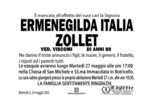 ERMENEGILDA ITALIA ZOLLET VED. VISCOMI DI ANNI 89