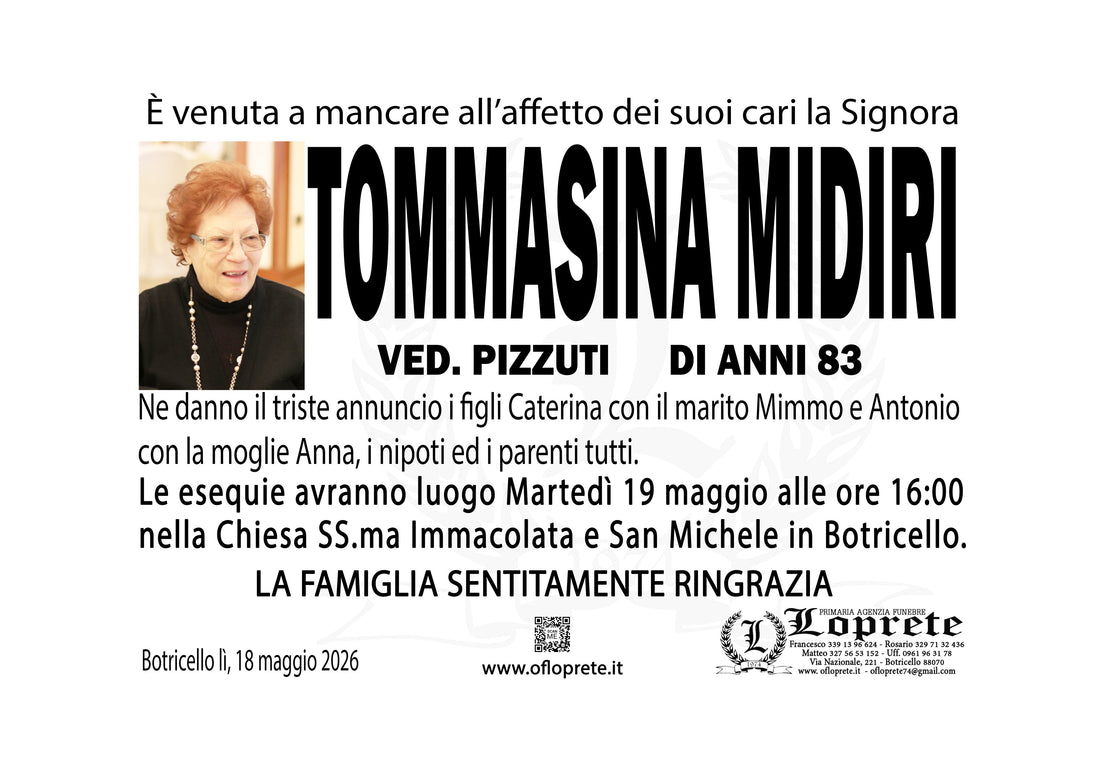 TOMMASINA MIDIRI VED. PIZZUTI DI ANNI 83