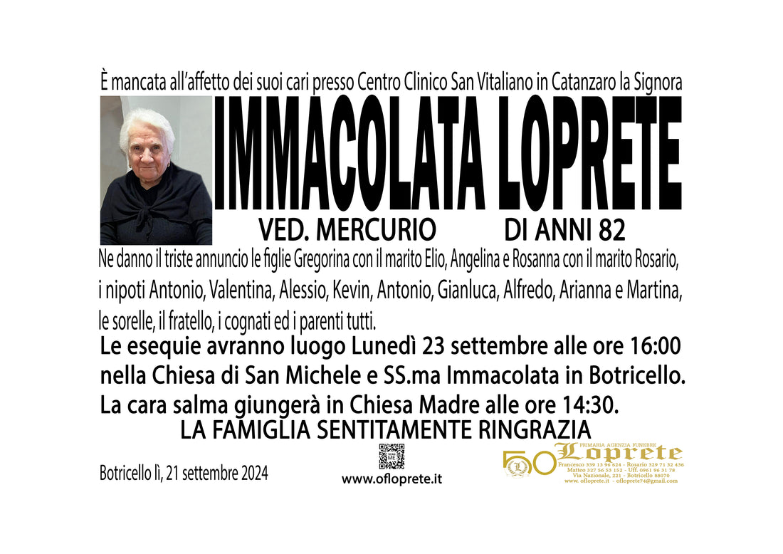 IMMACOLATA LOPRETE VED. MERCURIO DI ANNI 82