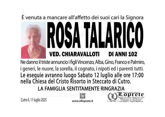 ROSA TALARICO VED. CHIARAVALLOTI DI ANNI 102