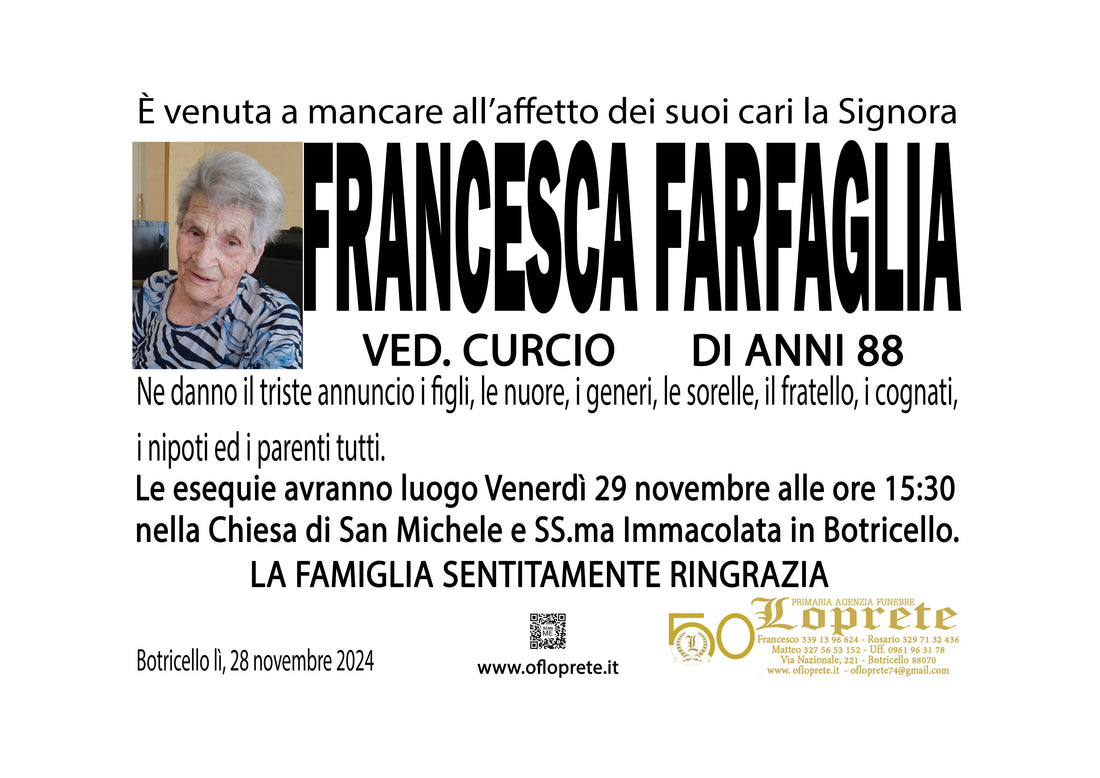 FRANCESCA FARFAGLIA VED. CURCIO DI ANNI 88