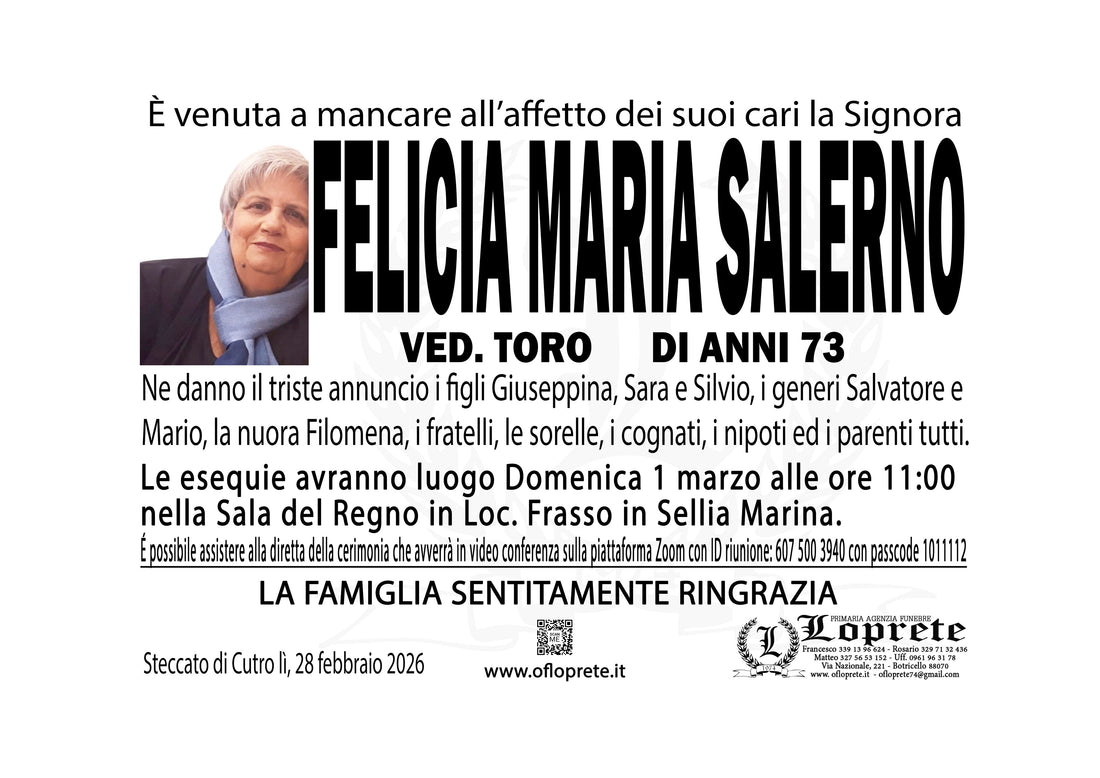 FELICIA MARIA SALERNO VED. TORO DI ANNI 73