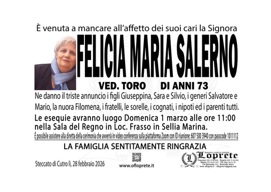 FELICIA MARIA SALERNO VED. TORO DI ANNI 73