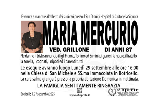 MARIA MERCURIO VED. GRILLONE DI ANNI 87